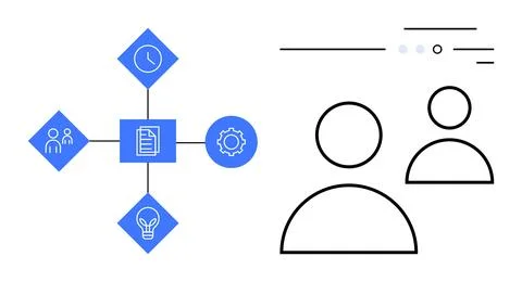 Flowchart connected by lines with icons representing a team, clock, document, 스톡 일러스트