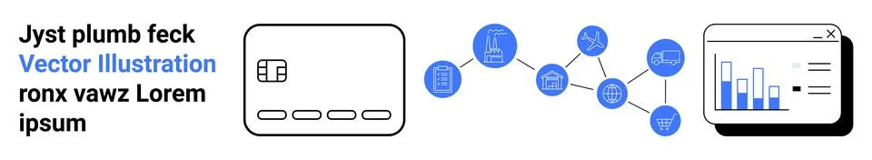 Flowchart with connecting dots, bar graph, user interface with icons and text Stock Illustration