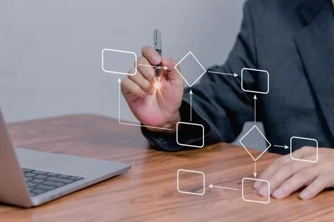 Flowchart diagram and workflow automation on virtual screen Mindmap or Orga.. Stock Photos