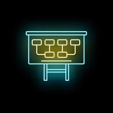 Flowchart diagram glowing on dark whiteboard background Stock Illustration