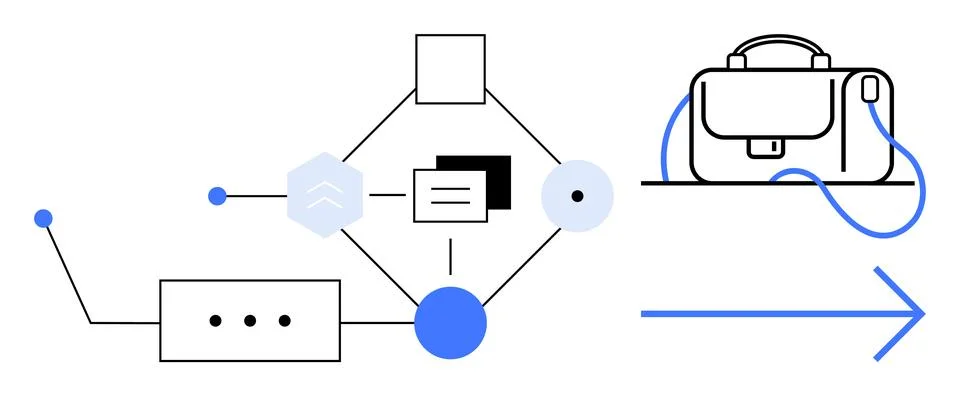 Flowchart elements connected by lines leading to a briefcase, signifying busi イラスト素材