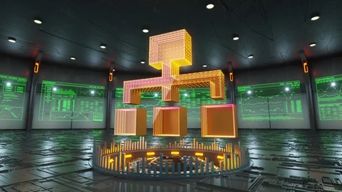 Flowchart icon surrounded by data screens appears in the middle of hi-tech room Stock Footage 86874468