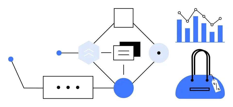 Flowchart with interconnected shapes, bar graph, and purse. Ideal for busines Illustrazione stock