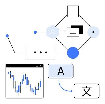 Flowchart with interconnected shapes, a data graph, and language translation  스톡 일러스트
