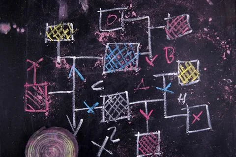 Flowchart Representation drawn in chalk on a blackboard flow diagram Copyr... Stock Photos