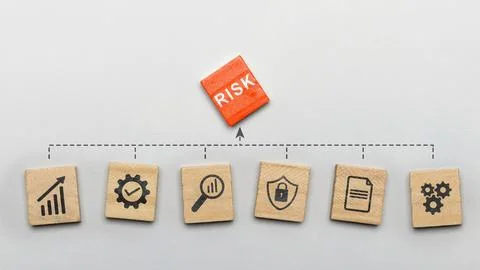 Flowchart of risk management icon on wooden cubes with a white background. .. 写真素材