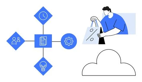 Flowchart showing document, clock, users, gear, and light bulb symbols with p Illustrazione stock