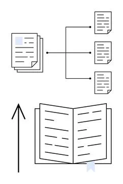 Flowchart showing document organization and integration into open book Illustrazione stock
