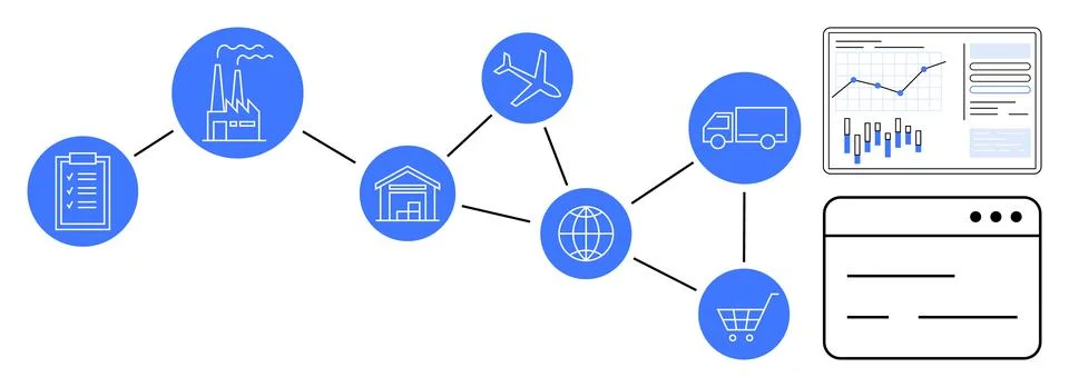 Flowchart of supply chain process including manufacturing plant, warehouse, g イラスト素材
