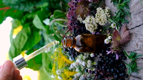 Flower and herbal extract in a bottle. Selective focus. Stock Footage 289540322