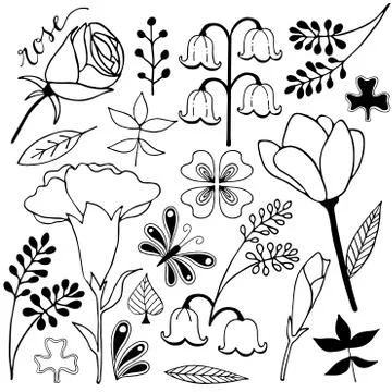 Flower and leaf variation hand drawn sketch doodle Ilustração Stock