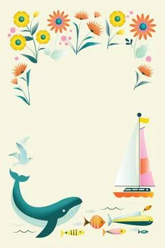 Flower and ocean border Stock Illustration