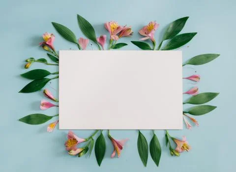 Flower arrangement in a square. a pattern of pink flowers on a blue background Stock Photos