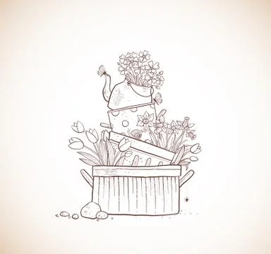 Flower bed made of old cooking pots and kettle. Doodle garden decoration in Illustrazione stock