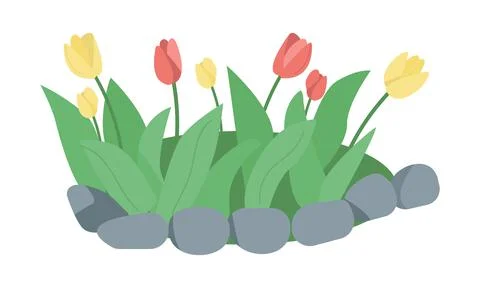 Flower bed with tulips semi flat color vector object Stock Illustration