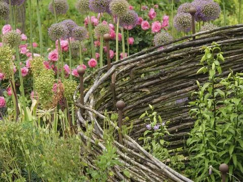 Flower bed with wicker elements and various plants in full bloom, Steinfurt, Stock Photos