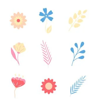 Flower, bell, cornflowers vector set. Branches with leaves in a flat style. L Stock Illustration