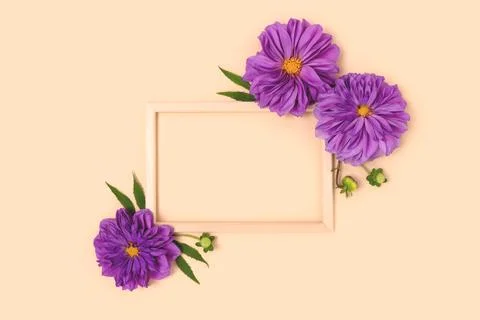 Flower border frame made of purple  dahlia and green leaves on a beige backgr Stock Photos