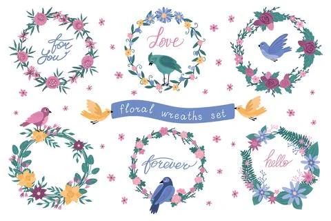 Flower border. Wedding frame, spring or summer bird cute circle floral card.  Illustrazione stock