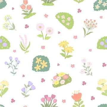 Flower botanic plant seamless pattern set featuring shrub blossom daisy stem  Stockillustratie