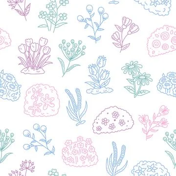 Flower botanic plant seamless pattern set featuring daisy shrub stem petal bu Stock Illustration