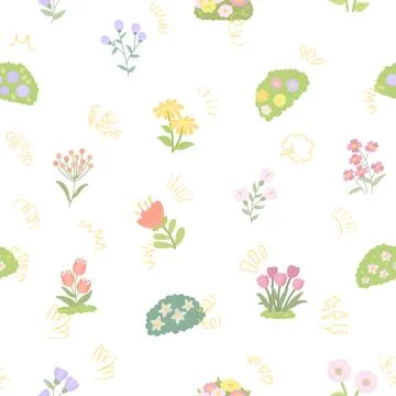 Flower botanic plant seamless pattern set featuring daisy shrub doodle blosso Stock Illustration