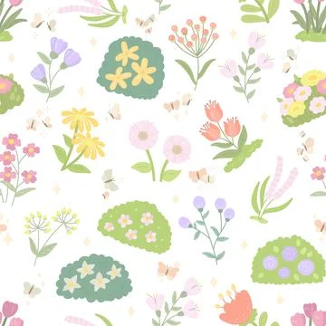 Flower botanic plant seamless pattern set featuring blossom shrub butterfly s Stock Illustration