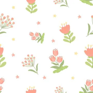 Flower botanic plant seamless pattern set featuring blossom star bud stem pet Stock Illustration