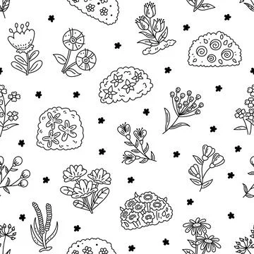 Flower botanic plant seamless pattern set featuring blossom daisy tulip shrub Stock-Illustration