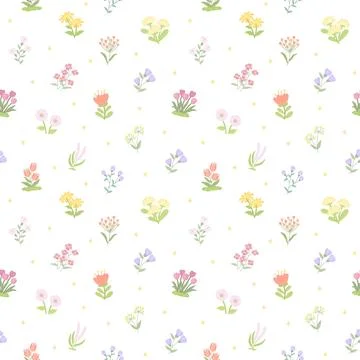 Flower botanic plant seamless pattern set featuring blossom sparkle daisy ste Stock Illustration