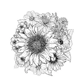 Flower bouquet mandala, vector linear coloring book, sunflower sketch, field Stock Illustration