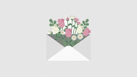 Flower bouquet in an open envelope animation on transparent background Video stock 332260214
