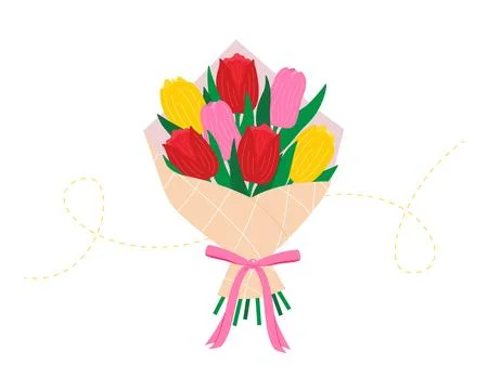 Flower bouquet with spring tulips. Spring florist holiday composition Stock Illustration