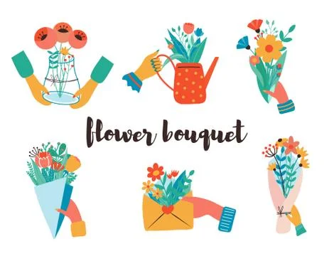Flower bouquets, kraft paper, envelopes, boxes, ribbons,letter with hands Stock Illustration