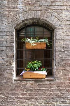 Flower boxes in the window of a brick wall. Stock Photos