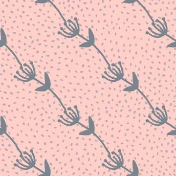 Flower branch simple seamless pattern. Pink rozy background with dots. Diagon Stock Illustration