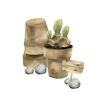 Flower brown pot with spring bulbs, wooden realistic sign for garden and st.. Stock Photos