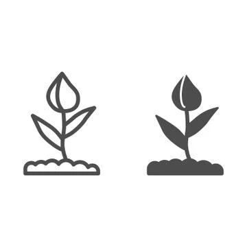 Flower bud line and solid icon, Floral concept, closed tulip bud with leaves Stock Illustration