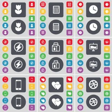 Flower, Calculator, Clock, Flash, Packaging, Graph, Smartphone, Hearts, Ball ico Stock Illustration