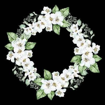 Flower cherry  blossom and eucalyptus leaves. Floral wedding wreath. Stock Illustration