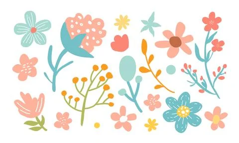 Flower collection. Vector set of flowers. Spring art print with botanical ele Illustrazione stock