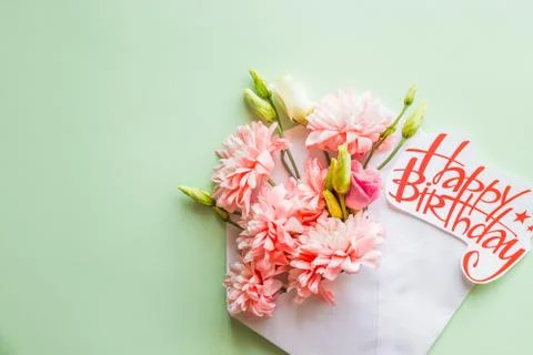Flower composition. Creative border of pink chrysanthemums on a green background Stock Photos