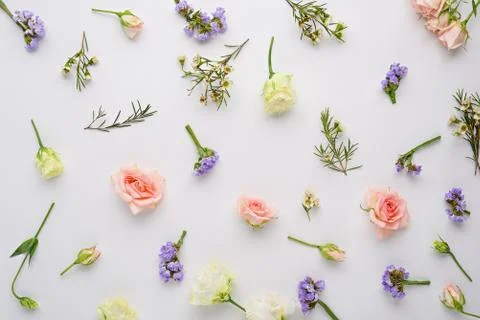 Flower composition, pink roses, eustoma, limonium on white background, flat l Stock Photos