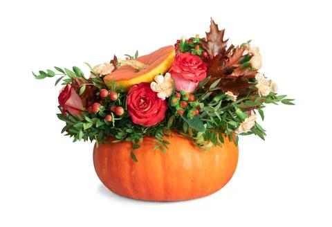 Flower composition in a pumpkin isolated on white background. Autumn bouquet. Stock Photos