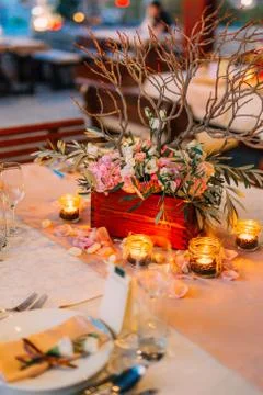 Flower compositions on the wedding table in rustic style. Wedding decorations Foto stock