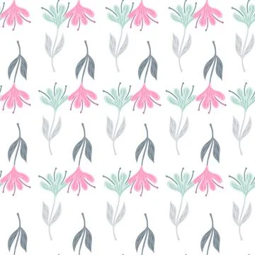 Flower cute seamless pattern. Hand drawn field background. Stock Illustration