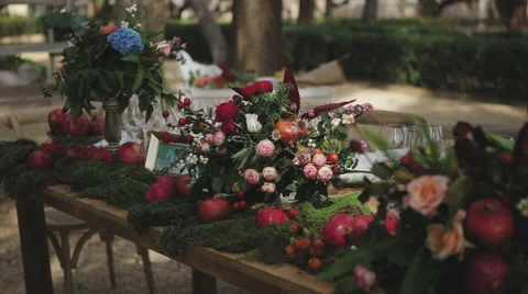 Flower decorations on the wedding tables Stock Footage 59790998