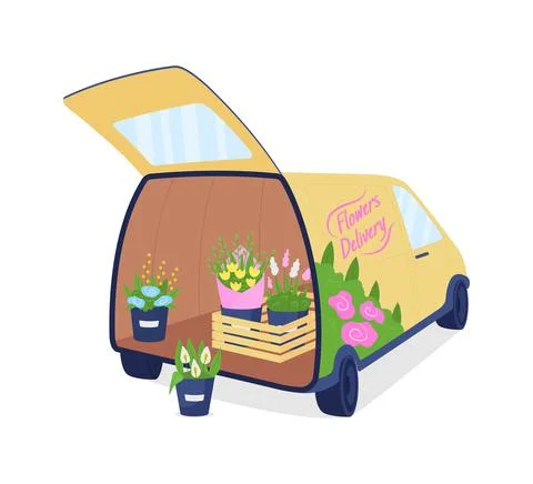 Flower delivery auto with opened trunk flat color vector object 스톡 일러스트