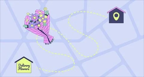 Flower delivery route on digital map 2D illustration concept Stock Illustration