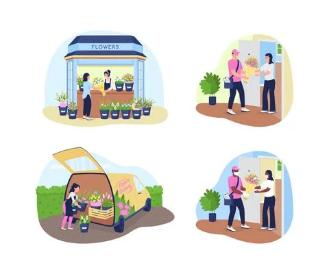 Flower delivery service 2D vector web banner, poster set Stock Illustration